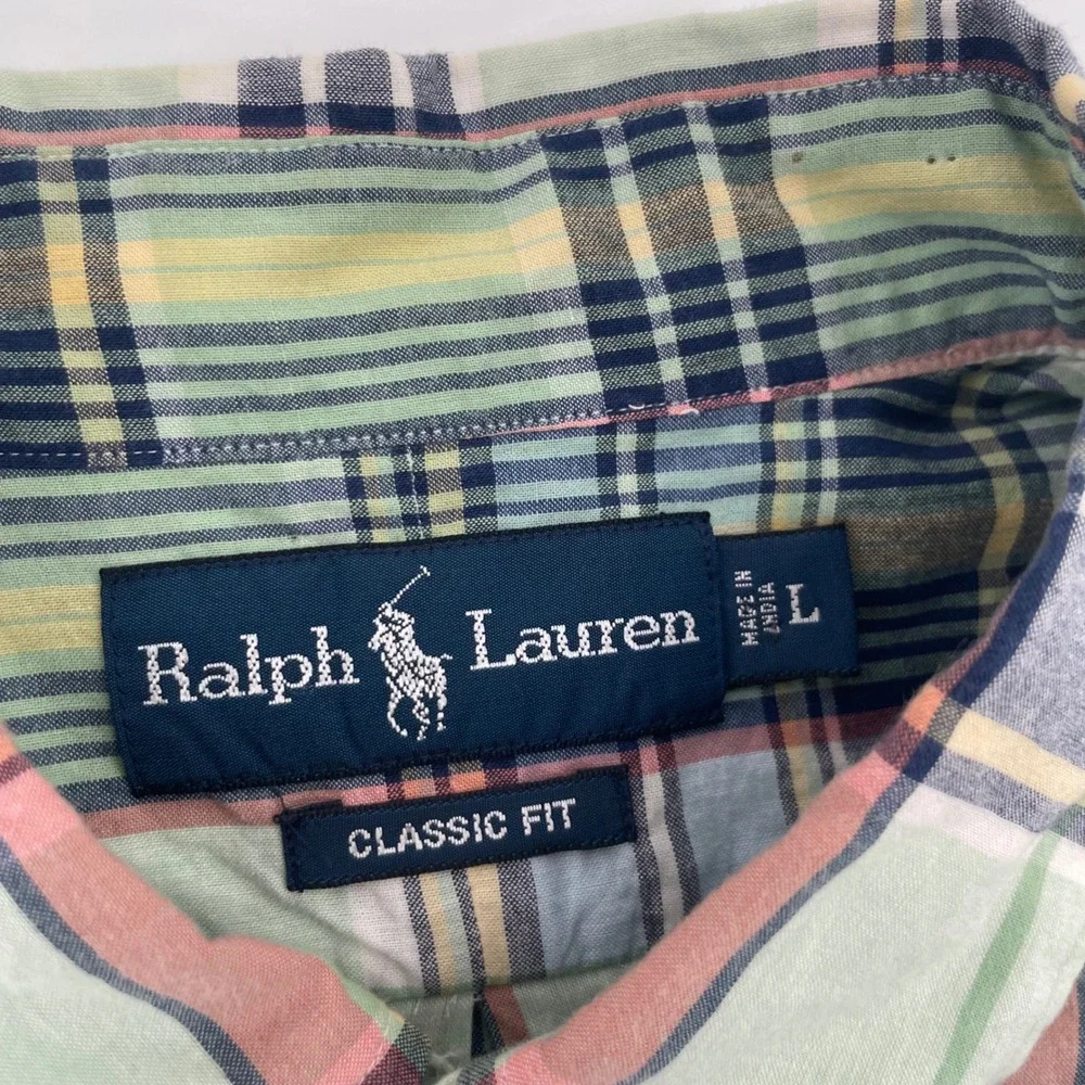 Ralph Lauren Button Down Shirt Mens L Green Plaid Short Sleeve Classic Fit Pony